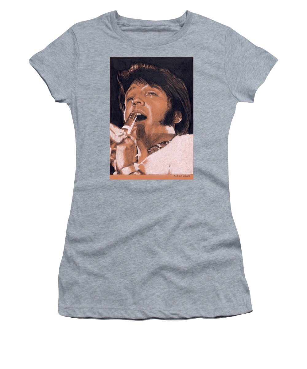 Elvis Women's T-Shirt featuring the drawing Elvis in Charcoal no. 243 by Rob De Vries
