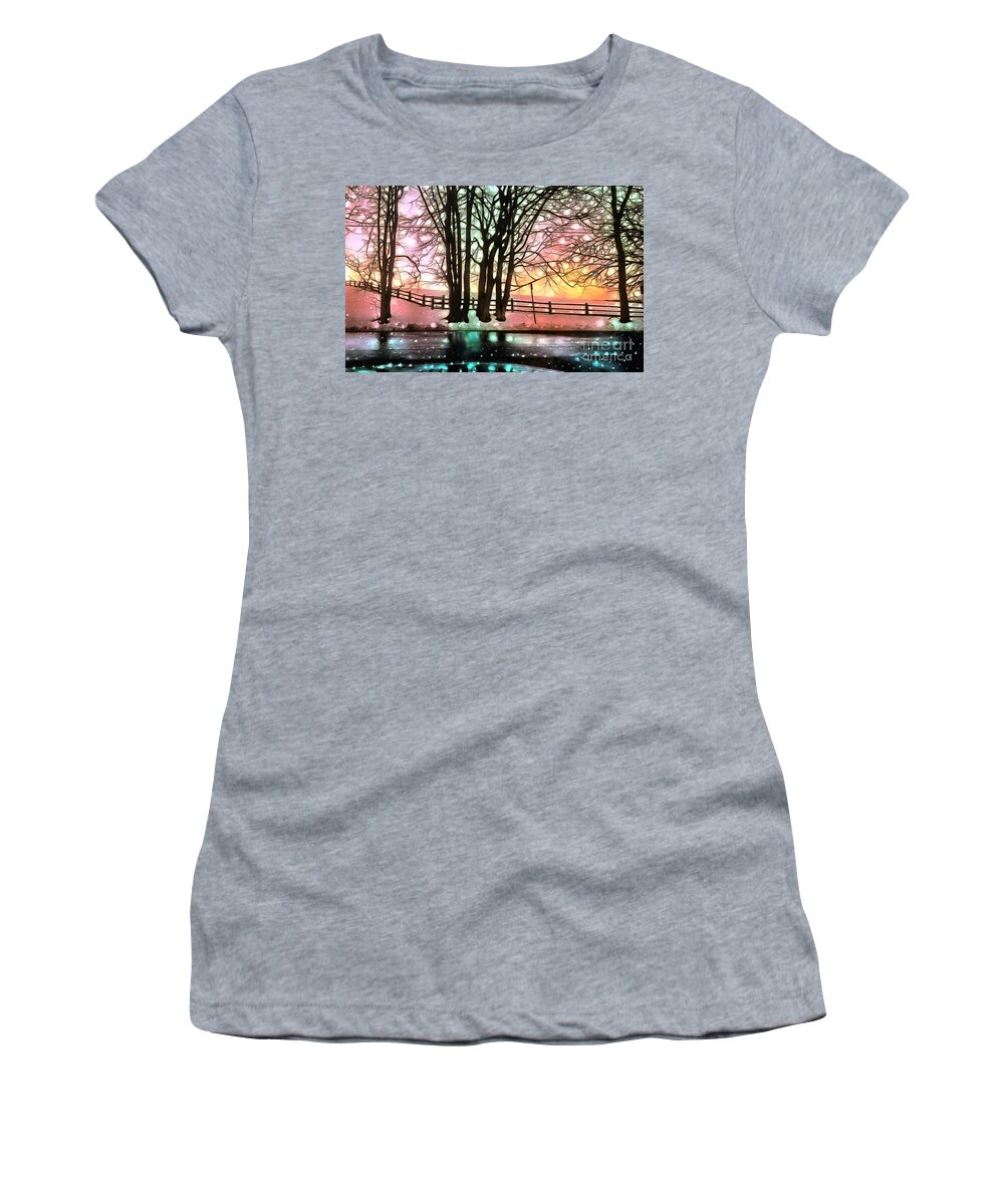 Snow Women's T-Shirt featuring the photograph Enchanted Snowy Delaware Hillside and Fence by Sea Change Vibes