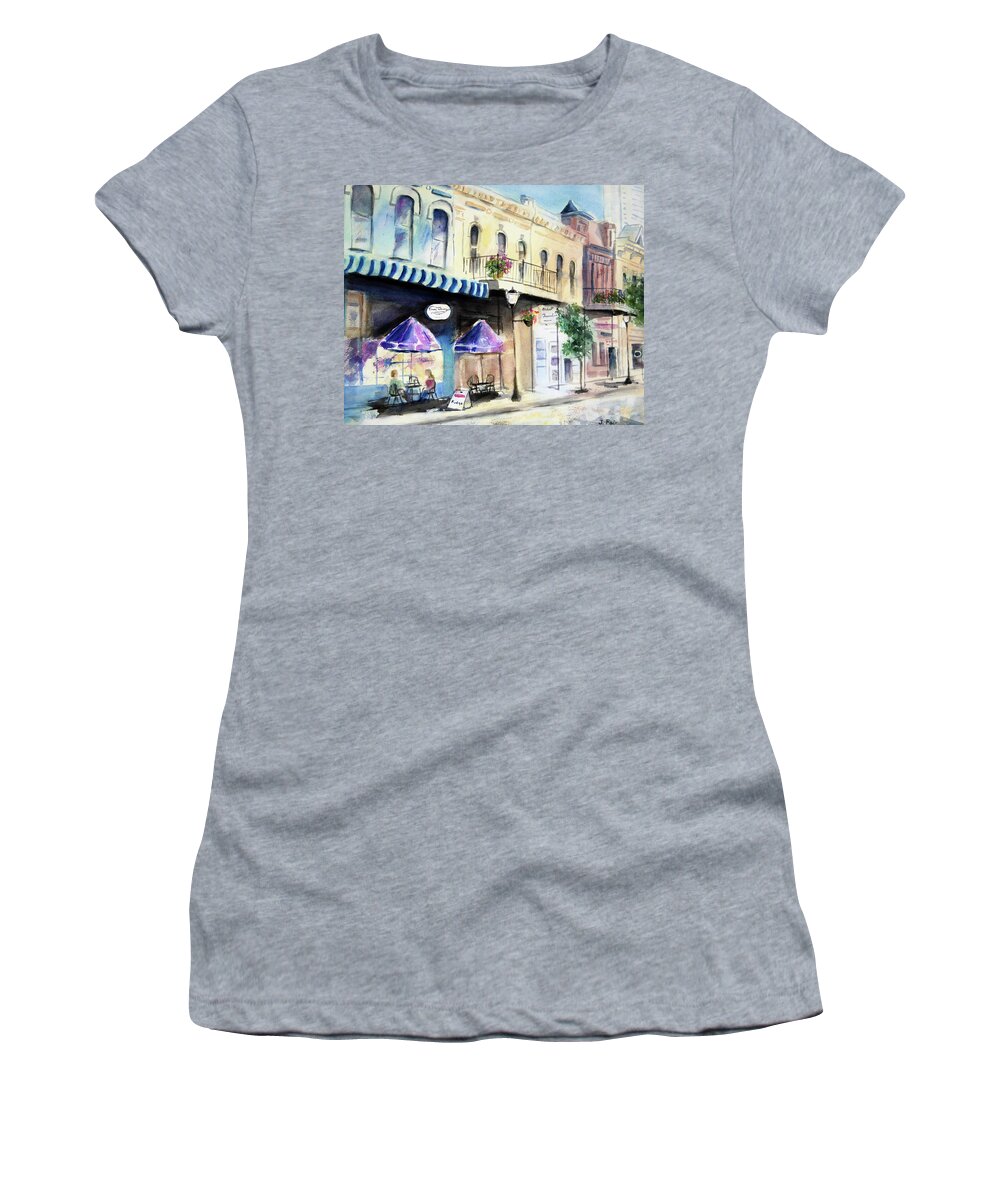 Cityscape Women's T-Shirt featuring the painting Enjoying Dauphin Street by Jerry Fair