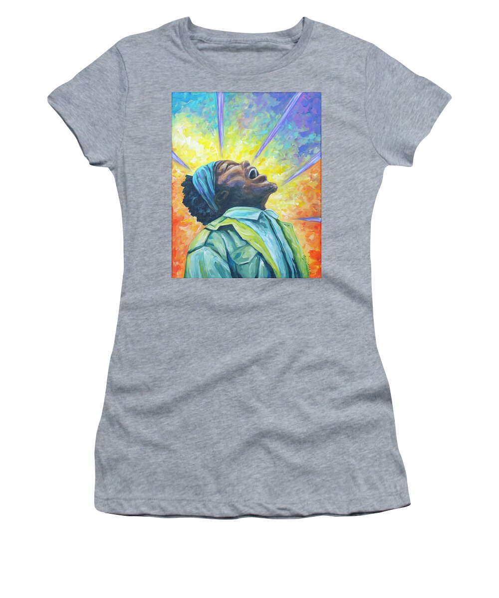 African American Women's T-Shirt featuring the painting Exclamation of the Soul by Sylvia Aldebol