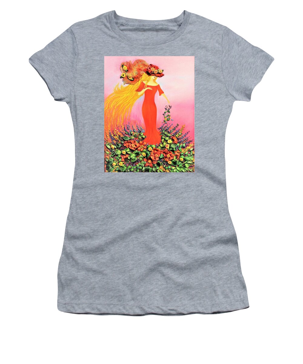 Wall Art Home Décor Lady Fairy Flowers Fields Morning Ribbons Women's T-Shirt featuring the mixed media Fairy Fields by Tanya Harr