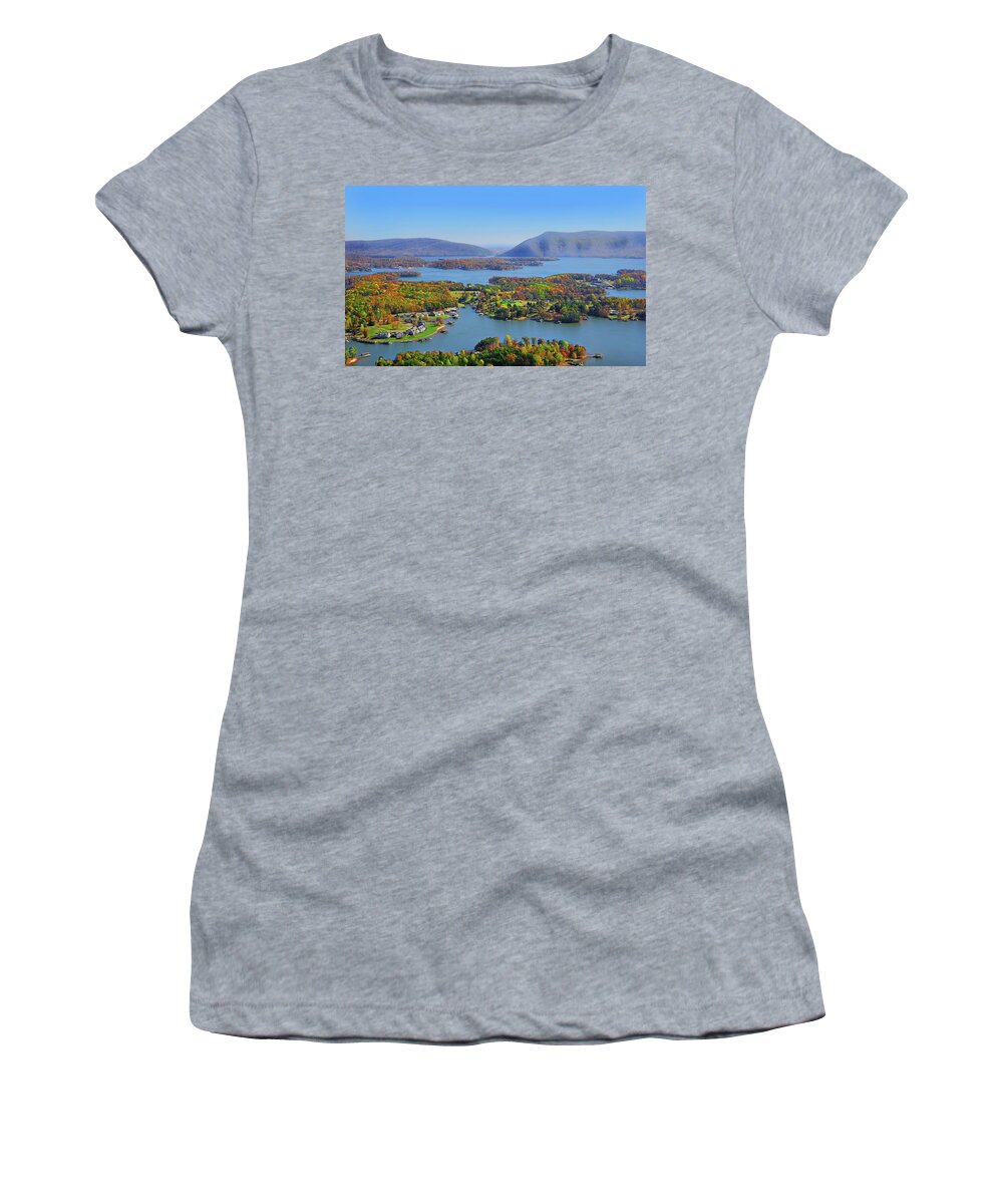 Smith Mountain Lake Women's T-Shirt featuring the photograph Fall Aerial Smith Mountain Lake by The James Roney Collection