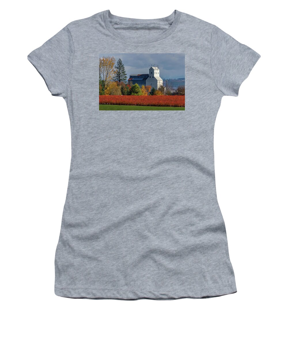 Fall Colors Women's T-Shirt featuring the photograph Fall colors at the grain elevator by Ulrich Burkhalter