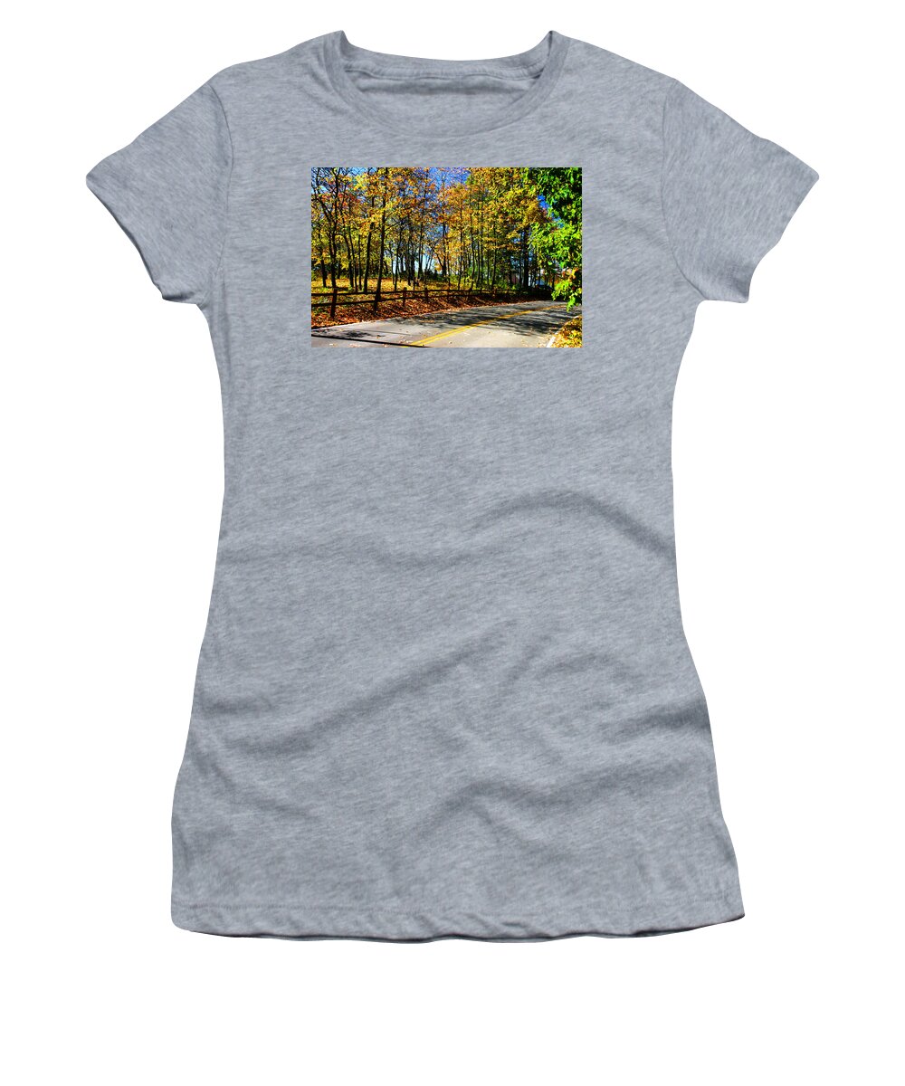 Landscape Women's T-Shirt featuring the photograph Fall Trees Wooded Country Road by Patrick Malon