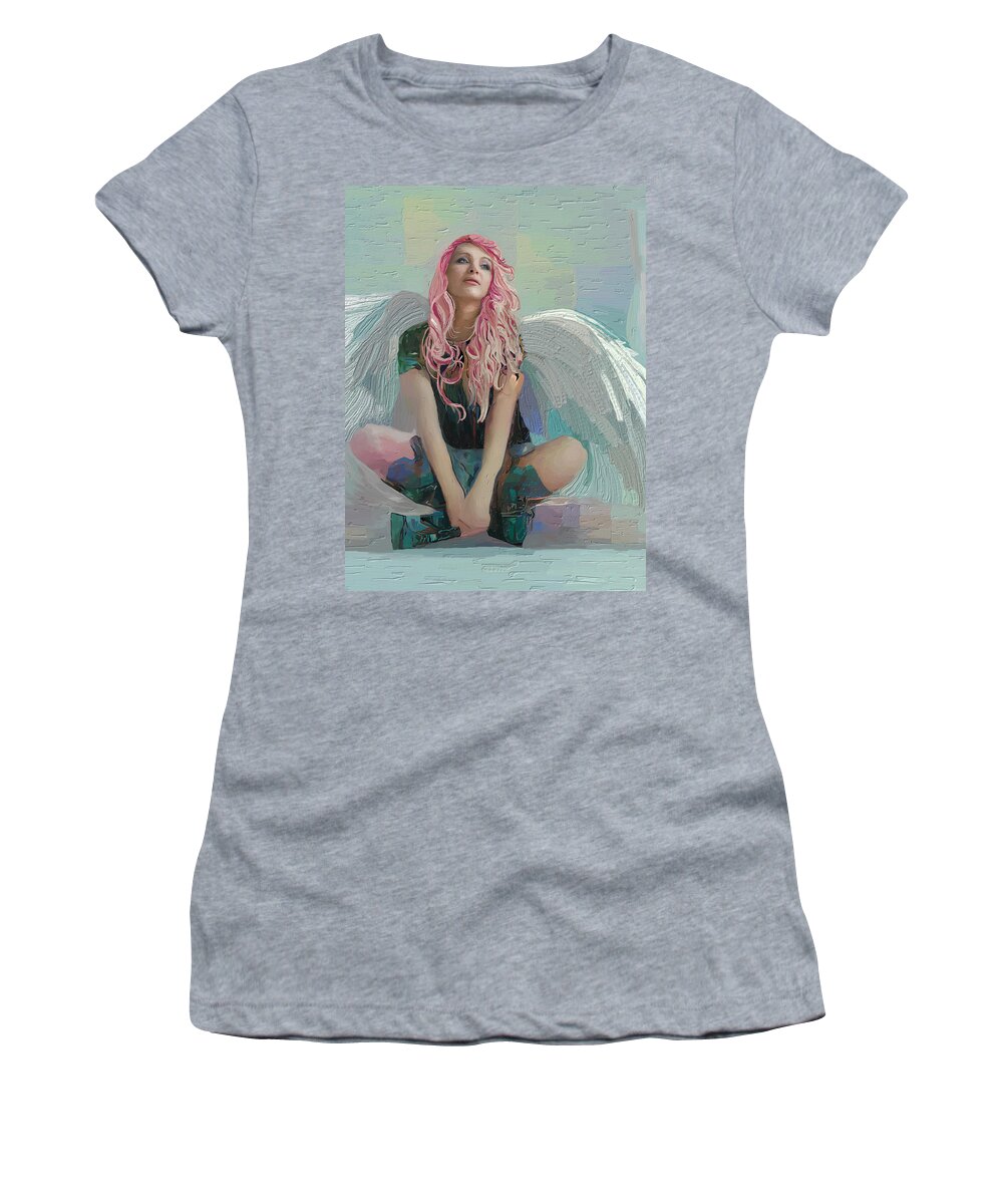 Fallen Angel Women's T-Shirt featuring the mixed media Fallen Angel by Ann Leech