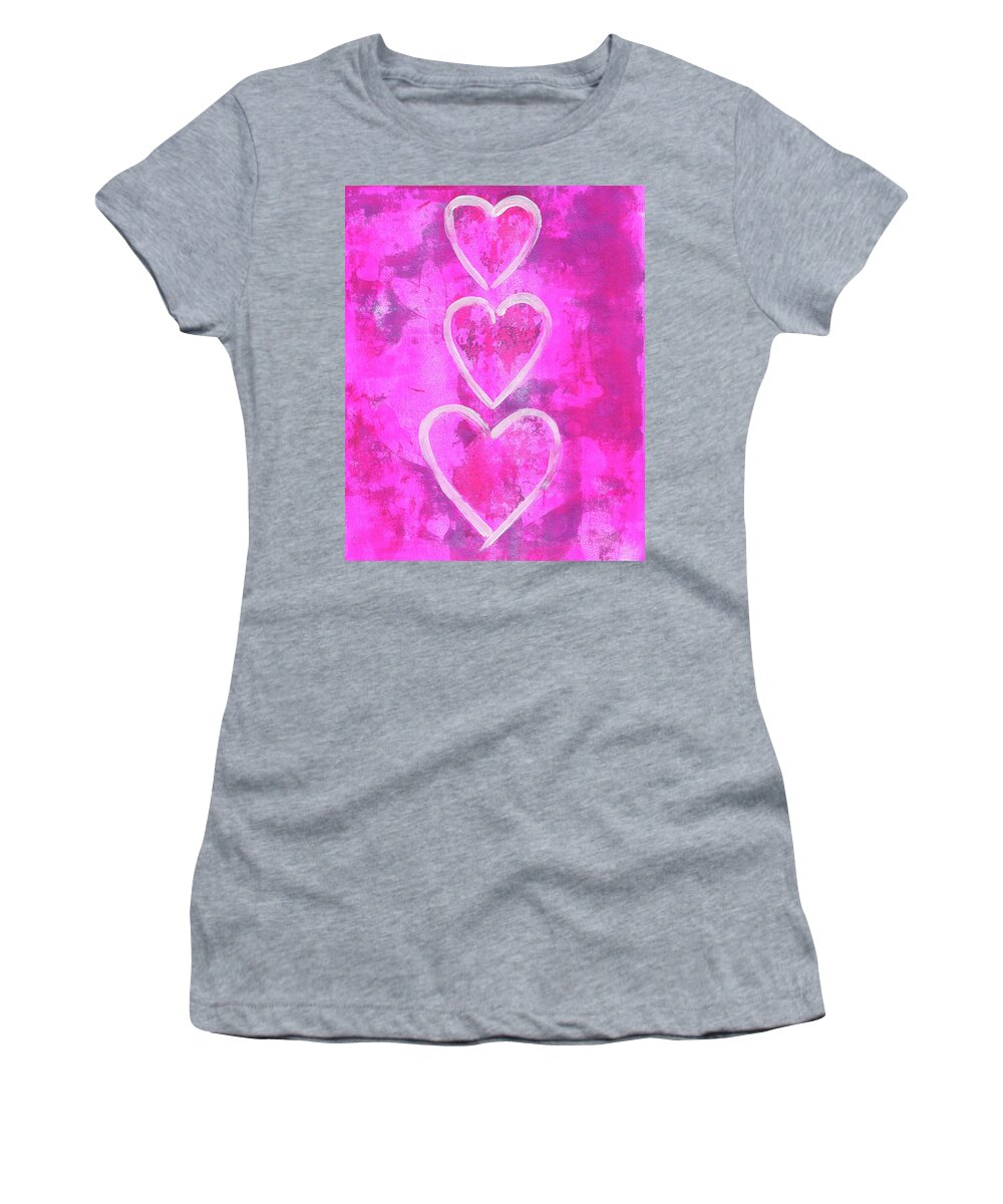 Heart Women's T-Shirt featuring the painting Family of hearts on pink by Karen Kaspar