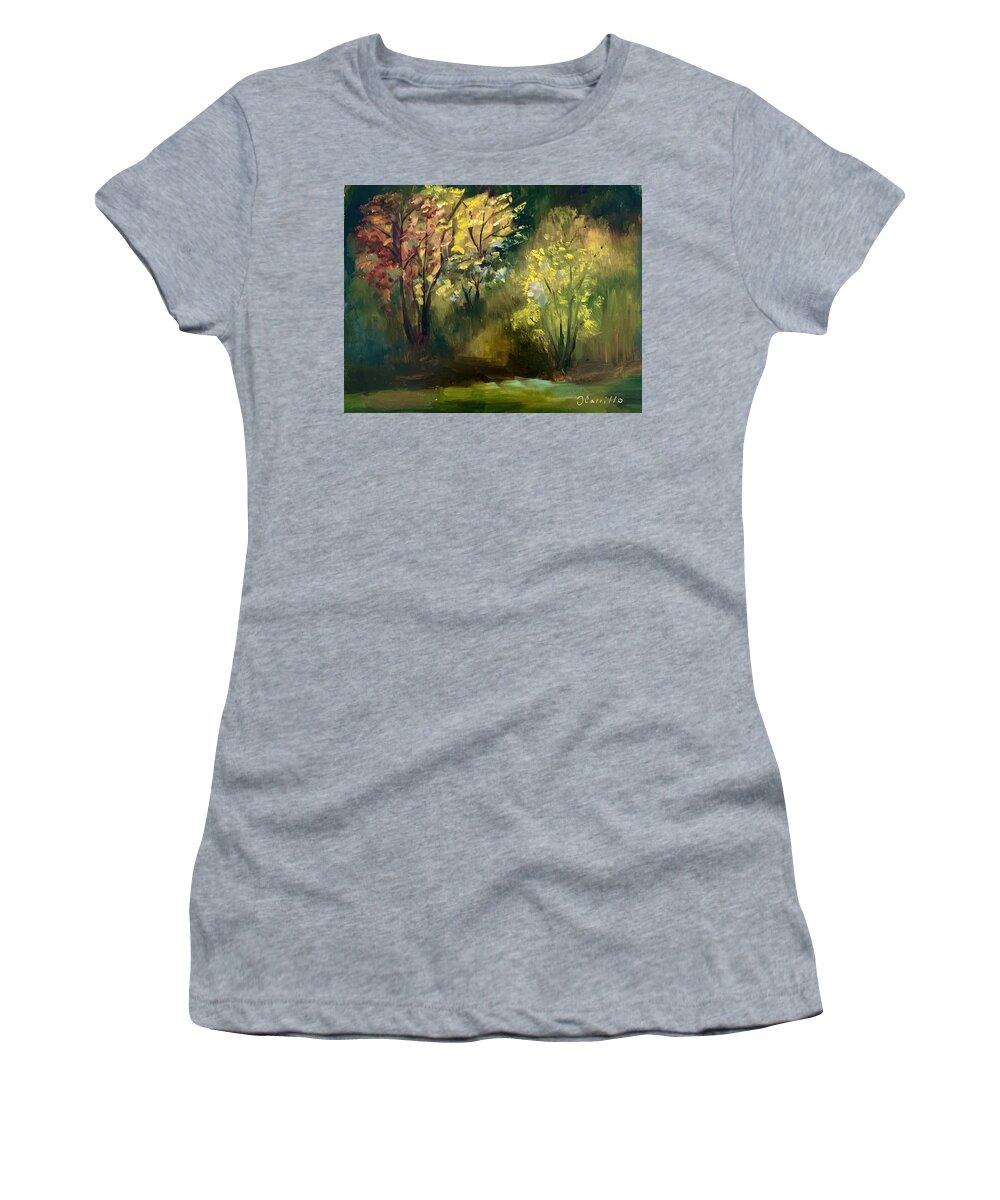 Fall Landscape Women's T-Shirt featuring the painting Farewell To Fall by Donna Carrillo