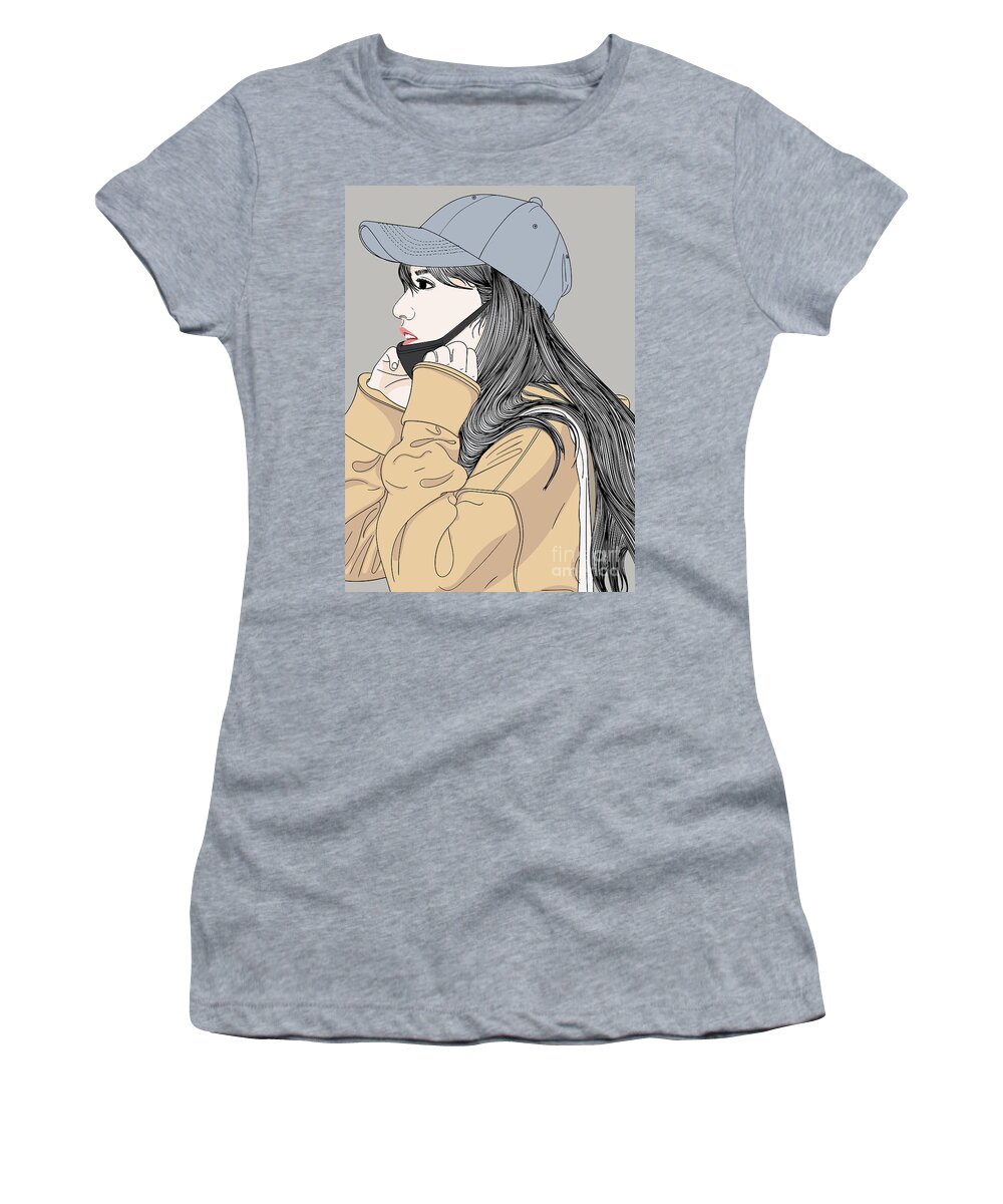 Graphic Women's T-Shirt featuring the digital art Fashion Girl Wearing A Face Mask - Line Art Graphic Illustration Artwork by Sambel Pedes