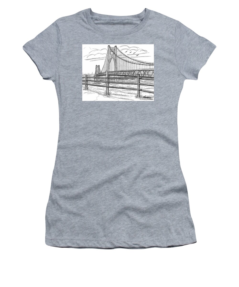 Poughkeepsie Women's T-Shirt featuring the drawing FDR Mid-Hudson Bridge by Richard Wambach