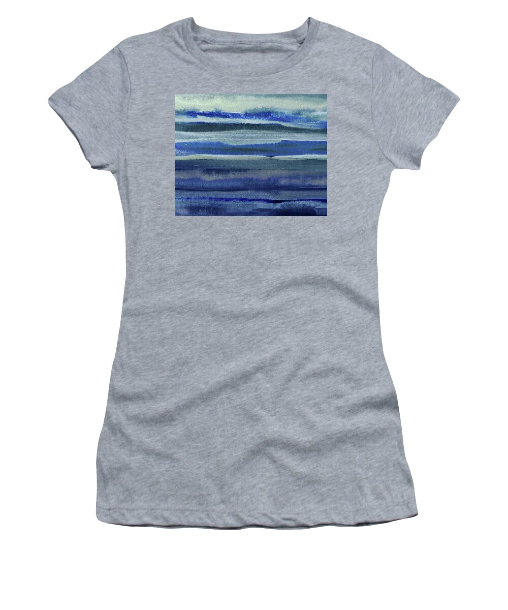 Blue Contemporary Abstract Lines For Home Interior Décor Women's T-Shirt featuring the painting Feeling Ocean And Sea Beach Coastal Art Organic Watercolor Abstract Lines VI by Irina Sztukowski