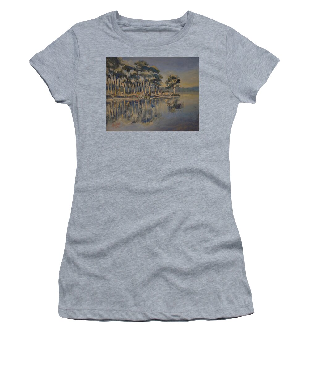 Fen Women's T-Shirt featuring the painting Fen with pine trees by Nop Briex