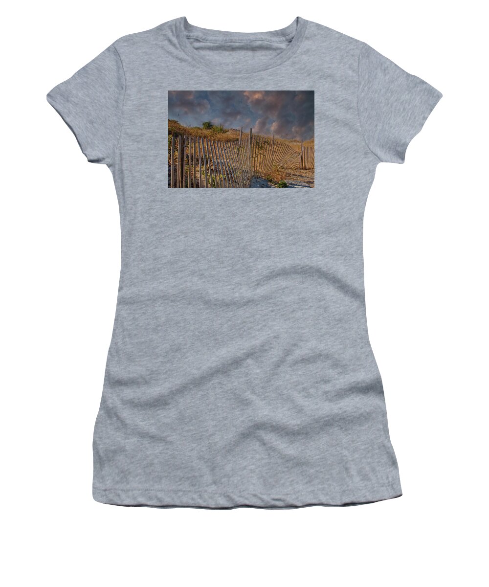 Beach Women's T-Shirt featuring the photograph Fence Beside Beach at Dusk by Darryl Brooks