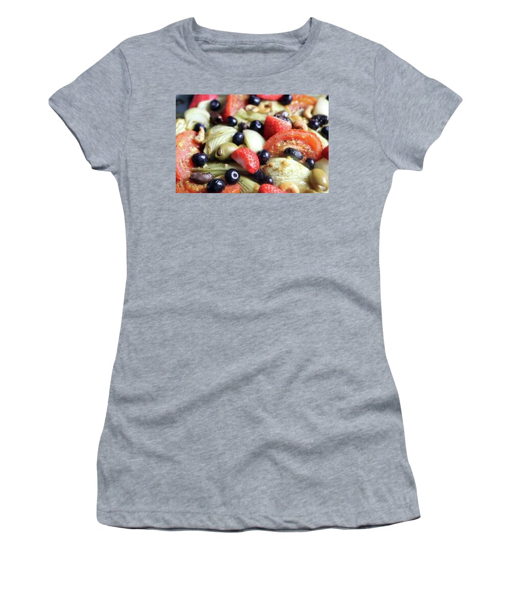 Food Women's T-Shirt featuring the photograph Fennel Tomato Onion Cashew Oven Dish With Fresh Berries by Johanna Hurmerinta
