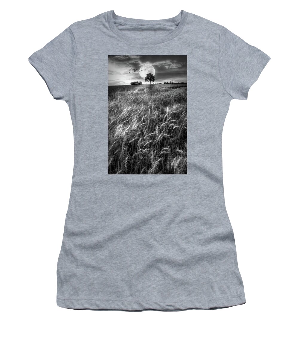 Barn Women's T-Shirt featuring the photograph Fields in Early Evening II Black and White by Debra and Dave Vanderlaan