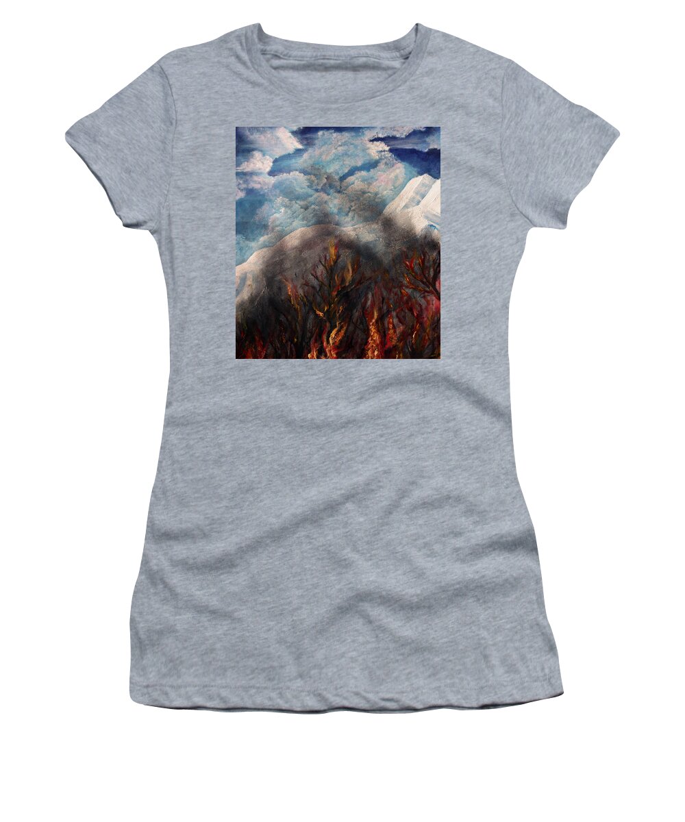 Mountains Women's T-Shirt featuring the painting Fire in Forest by Medea Ioseliani