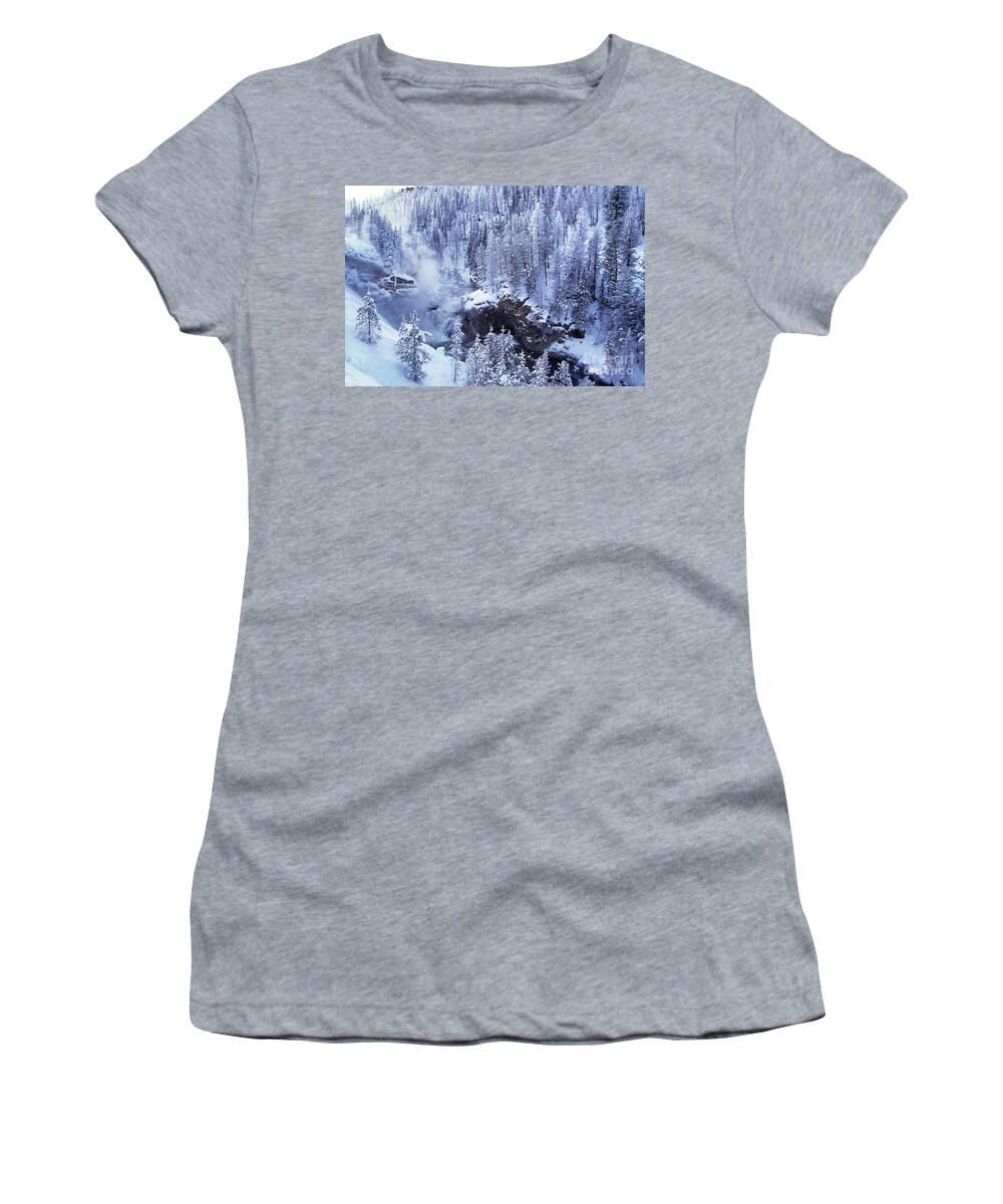 Dave Welling Women's T-Shirt featuring the photograph Firehole Falls Winter Yellowstone National Park by Dave Welling