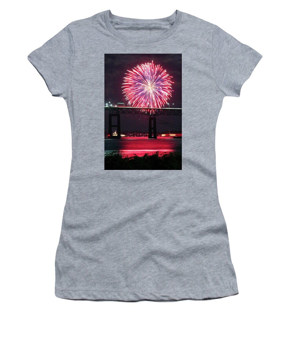 Fireworks Women's T-Shirt featuring the photograph Fireworks over the Newport Bridge by Jim Feldman