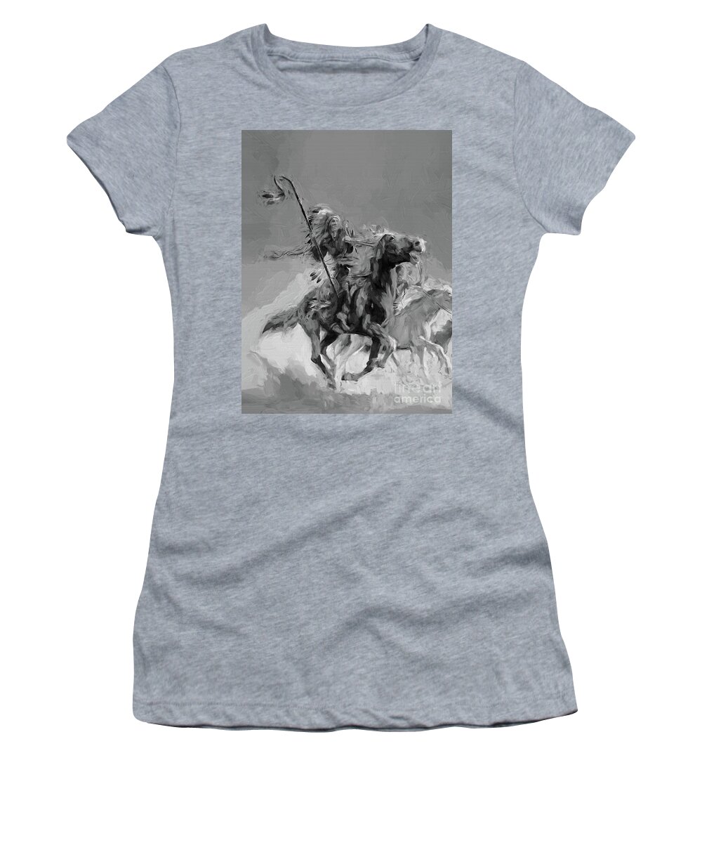First Americans Women's T-Shirt featuring the painting First Nation fighters blk by Gull G