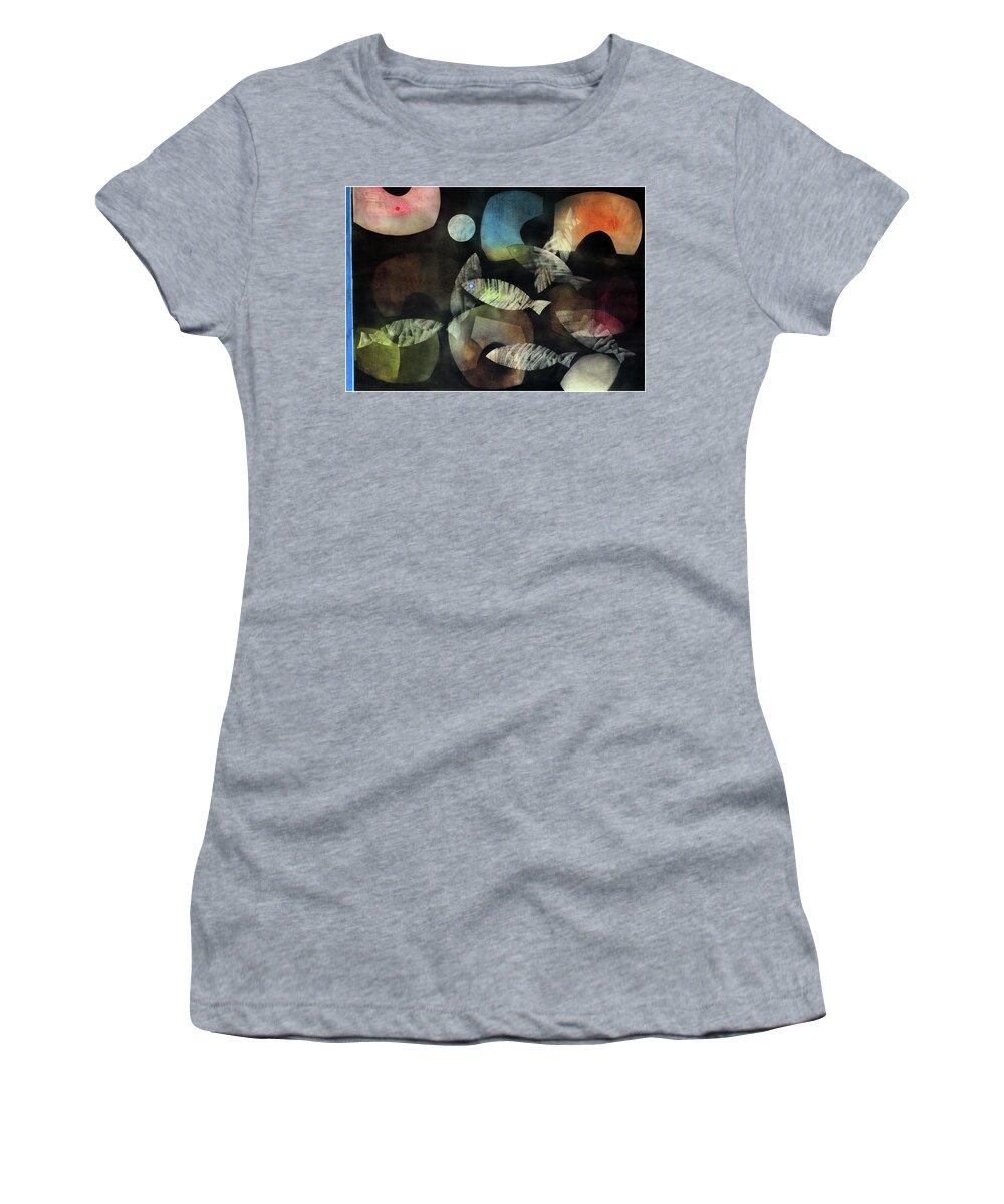 Abstract Women's T-Shirt featuring the painting Fish Moon by Winston Saoli 1950-1995