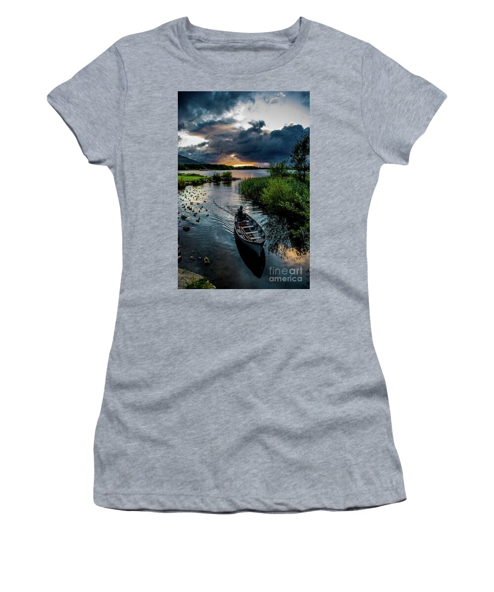 Ireland Women's T-Shirt featuring the photograph Fisher boat returns at sunset from Lough Leane in Killarney National Park in Ireland by Andreas Berthold