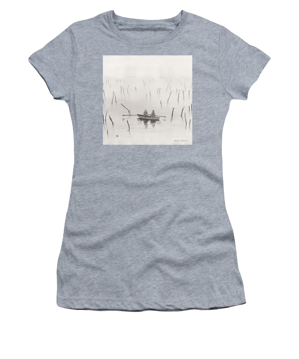 Nikita Coulombe Women's T-Shirt featuring the painting Fisherman in the Mist II by Nikita Coulombe