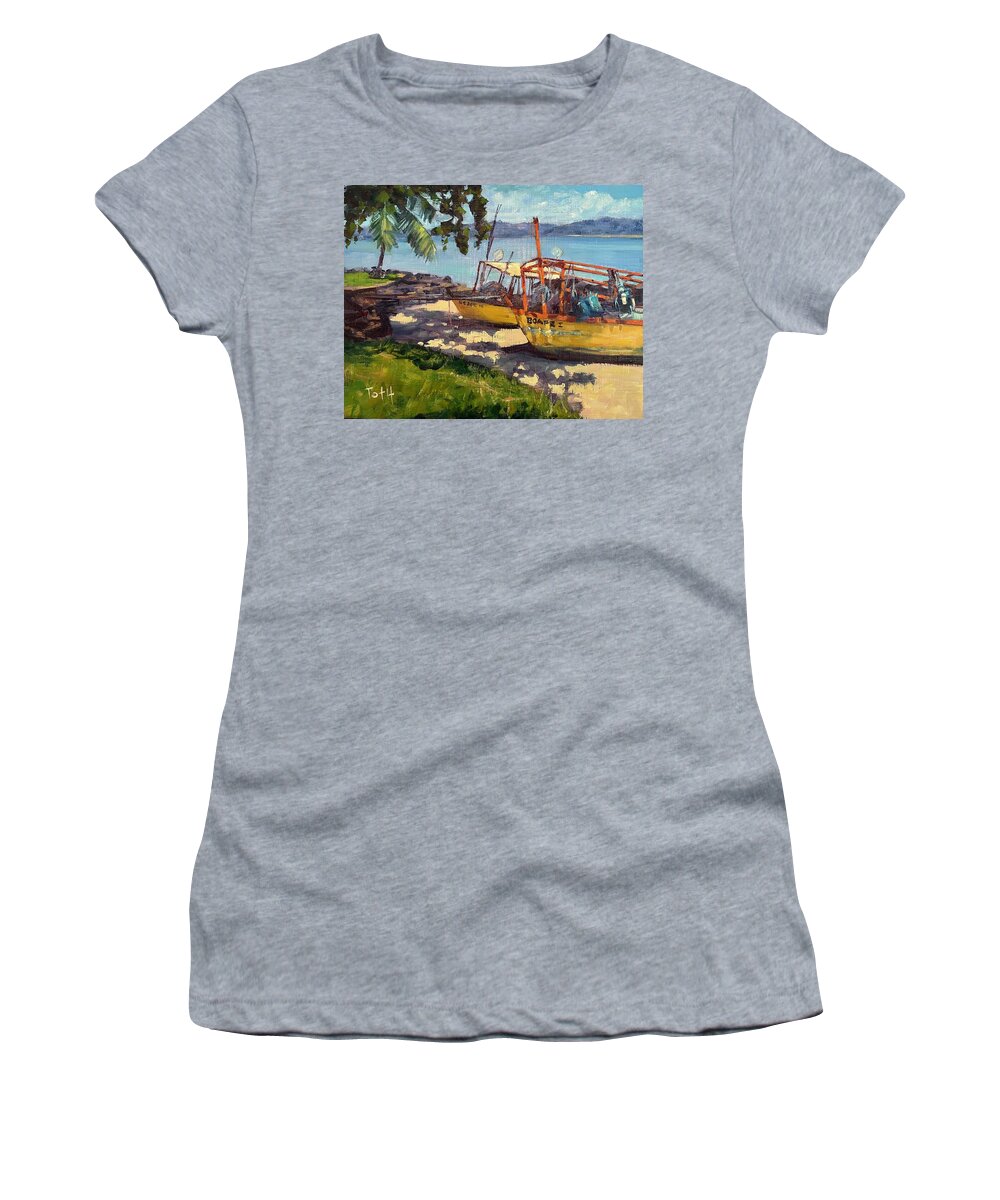 Fishing Boats Women's T-Shirt featuring the painting Fishing Boats by Laura Toth