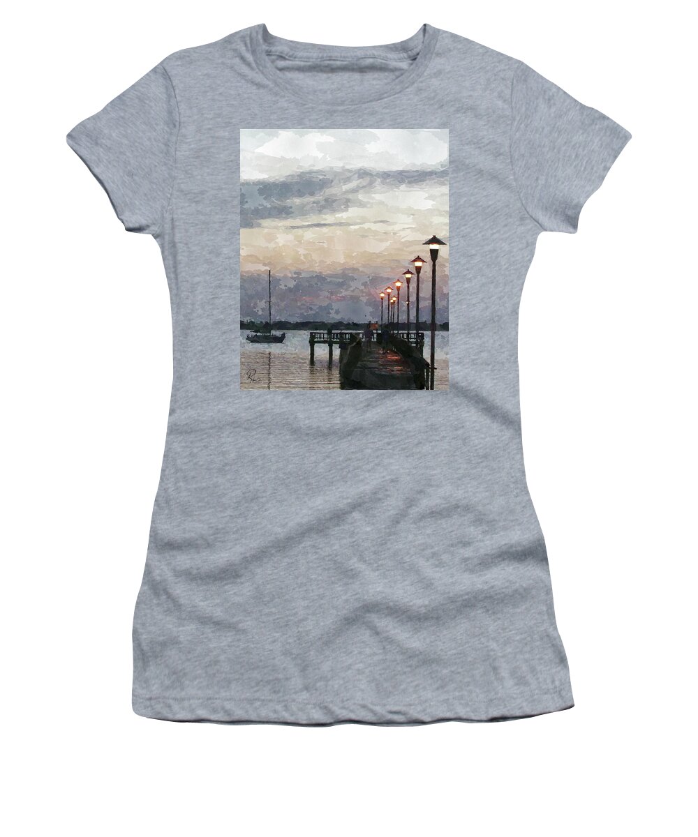 Fine Art Women's T-Shirt featuring the digital art Fishing Dock at Dusk by Robert Harris