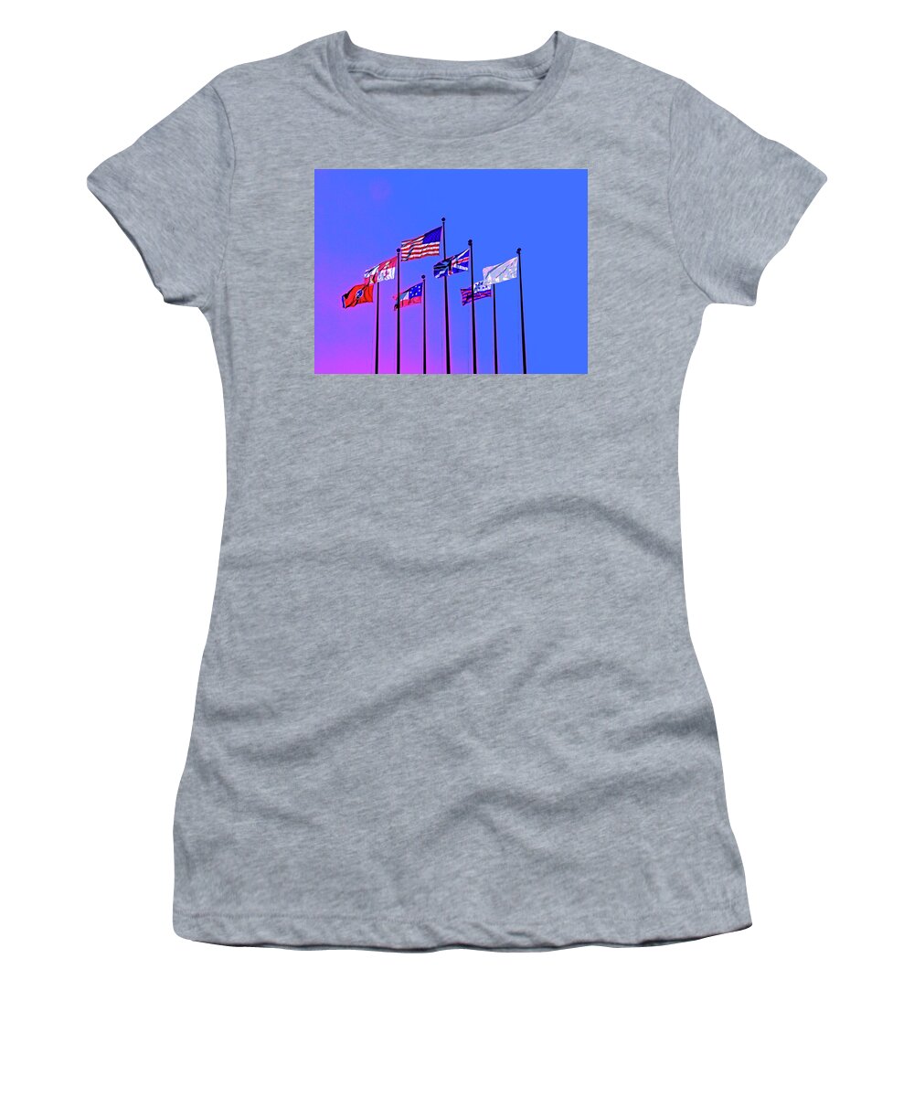America Women's T-Shirt featuring the digital art Flags Against A Blue And Fuchsia Sky by David Desautel