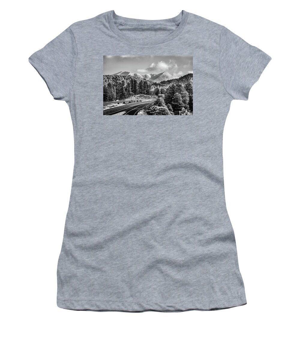 Flagstaff Arizona Women's T-Shirt featuring the photograph Flagstaff Arizona Frosty Mountain Landscape - Black and White by Gregory Ballos