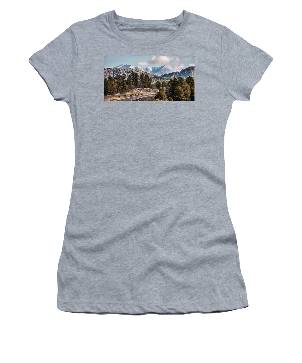 Flagstaff Arizona Women's T-Shirt featuring the photograph Flagstaff Arizona Snowy Elden Mountain Peak Panorama by Gregory Ballos