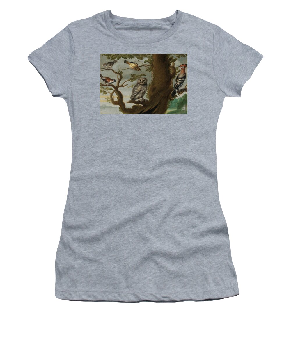 Travel Women's T-Shirt featuring the painting Flemish School Century An owl and a hoopoe and other birds in a tree by MotionAge Designs