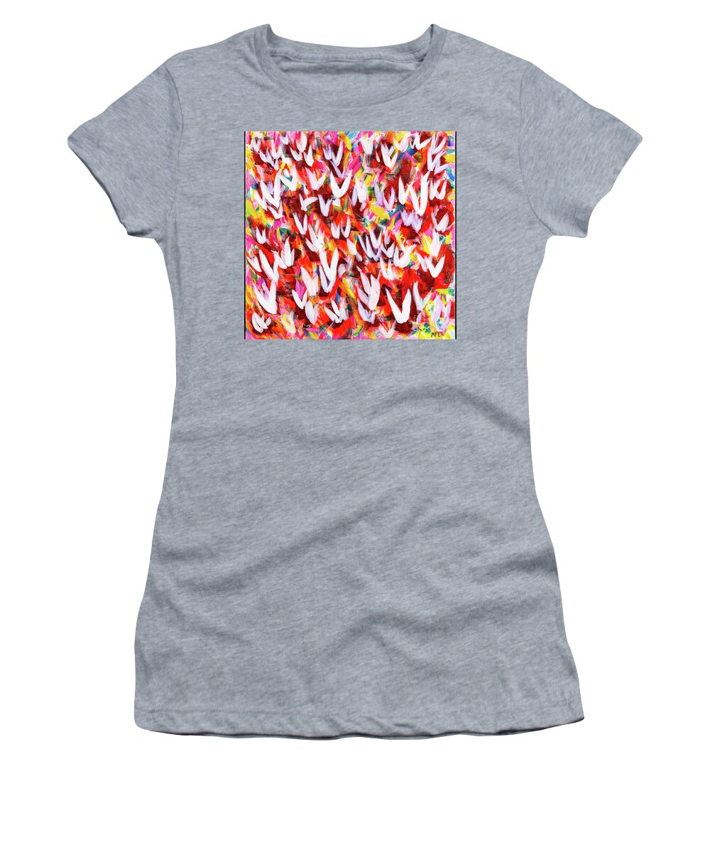 Abstract Women's T-Shirt featuring the digital art Flight Of The White Doves - Colorful Abstract Contemporary Acrylic Painting by Sambel Pedes