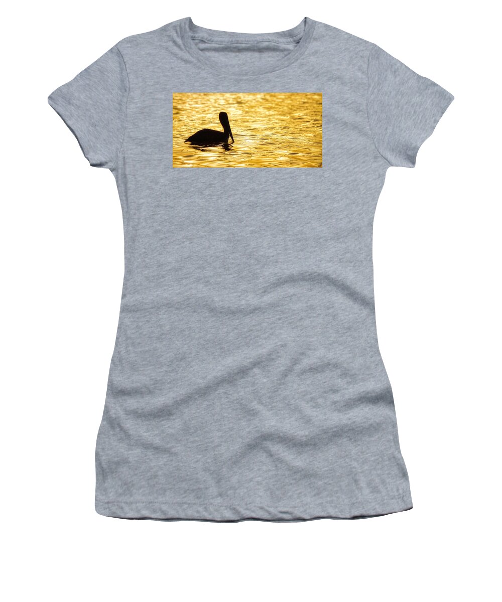 Pelican Women's T-Shirt featuring the photograph Floating in gold by Tatiana Travelways