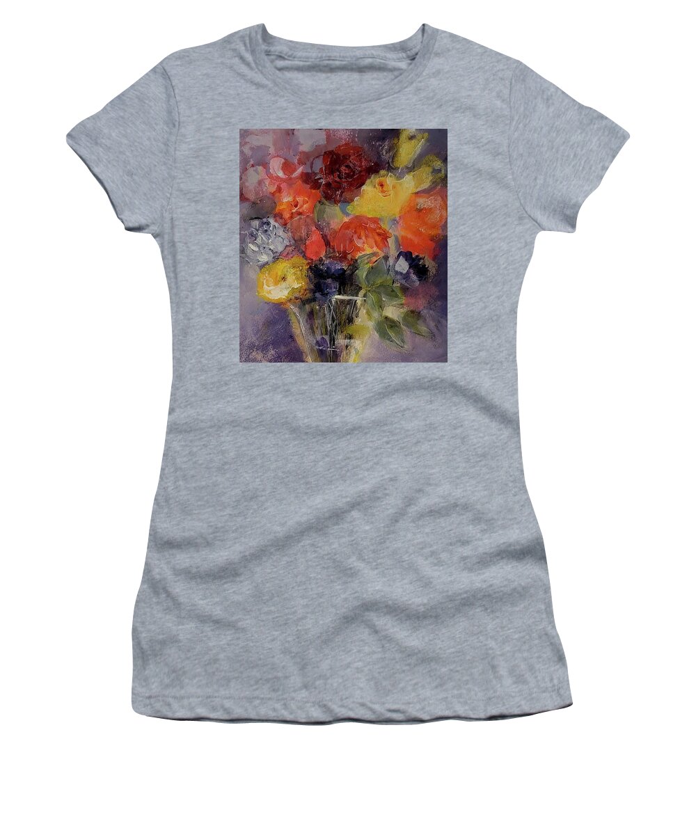 Smokey Women's T-Shirt featuring the painting Floral Of Red and Yellow on Smokey Plum by Lisa Kaiser