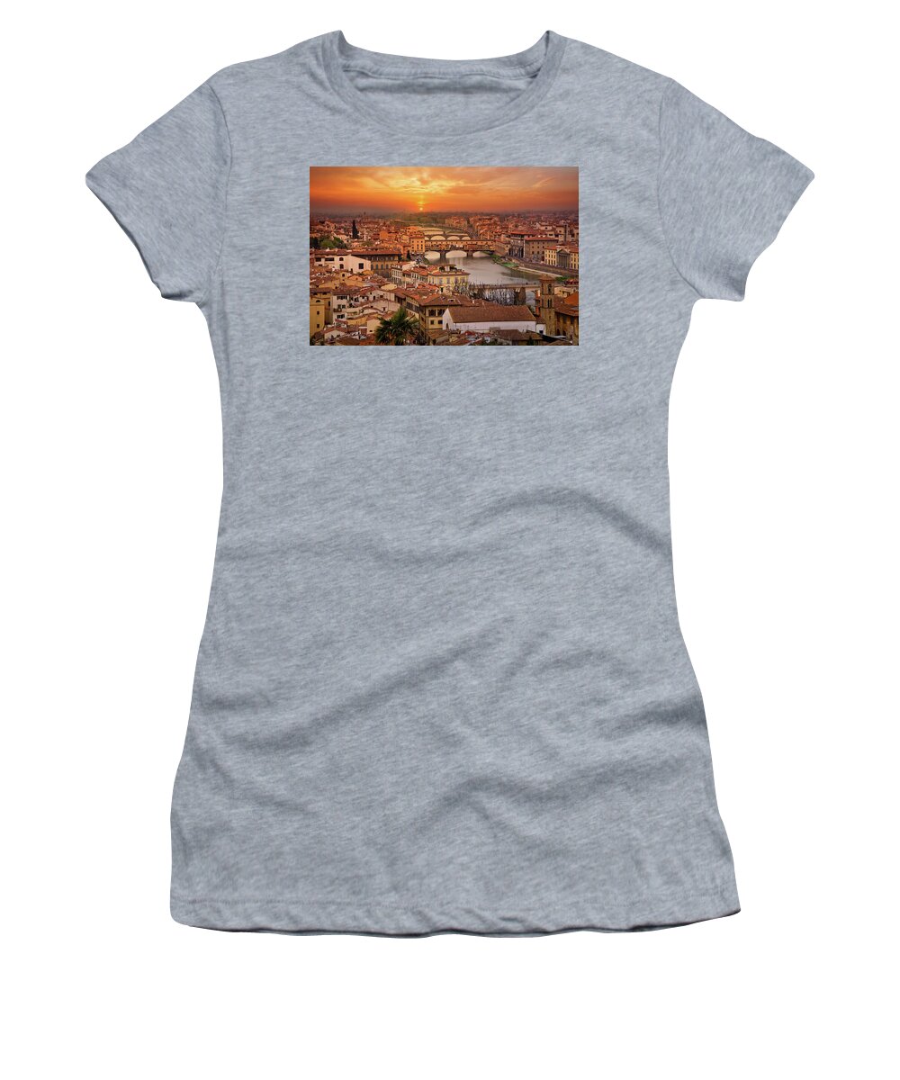 Florence Women's T-Shirt featuring the photograph Florence Arno River Sunset Panorama by Lily Malor