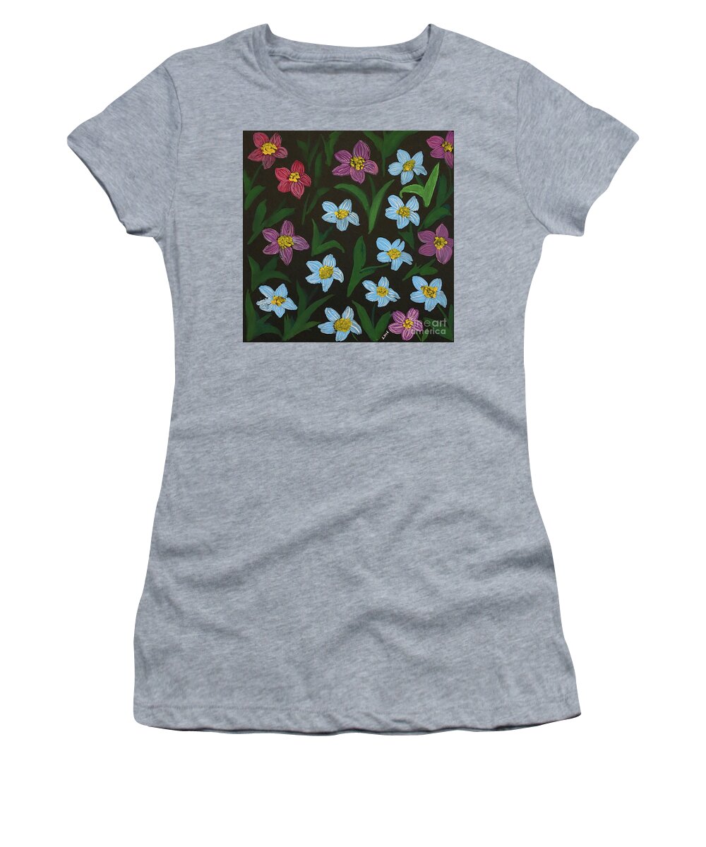 Flowers Women's T-Shirt featuring the painting Flowers on Black by Lisa Neuman