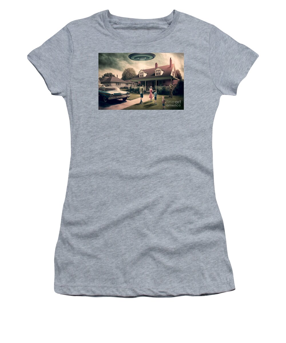 Flying Women's T-Shirt featuring the mixed media Flying Saucer Frenzy III by Jay Schankman
