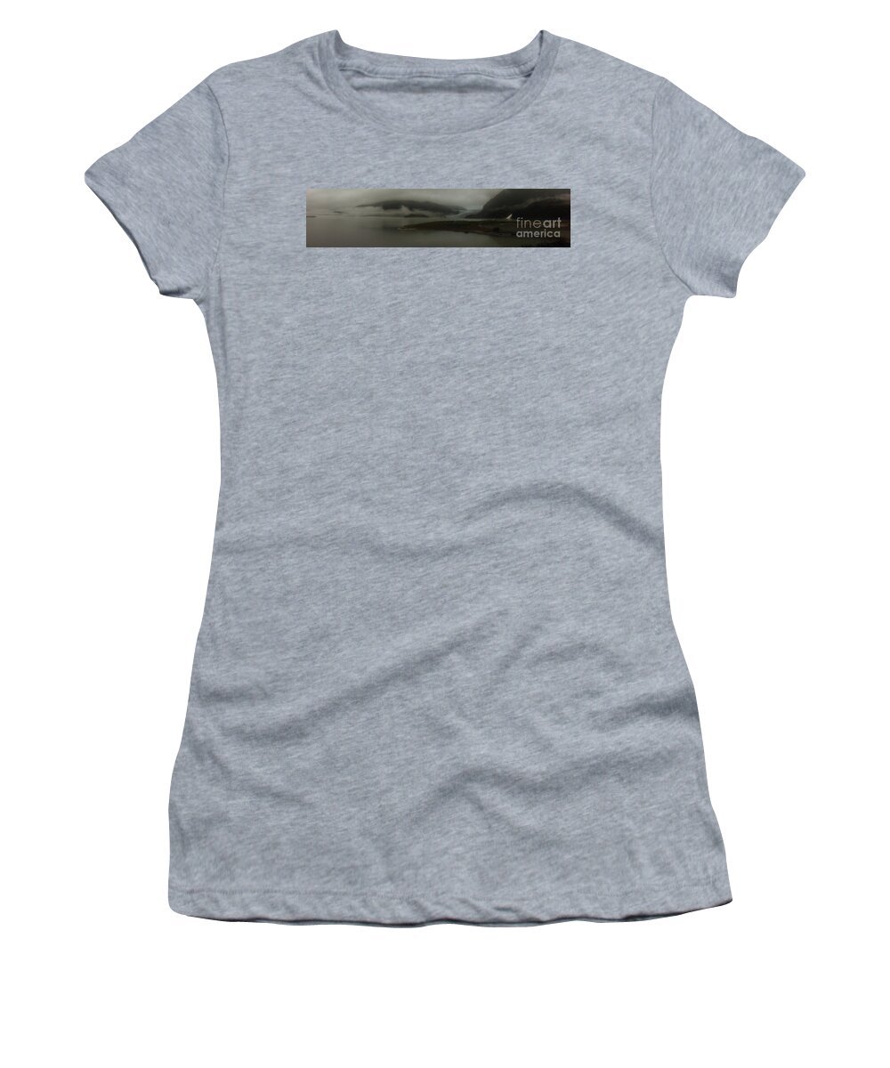 #juneau #alaska #ak #mendenhall #nuggetfalls #waterfalls #fog #cruise #alaskantours #lake #vacation #peaceful #mendenhallglacier #glacier #clouds #cloudy #panorama Women's T-Shirt featuring the photograph Fog on the Mendenhall by Charles Vice