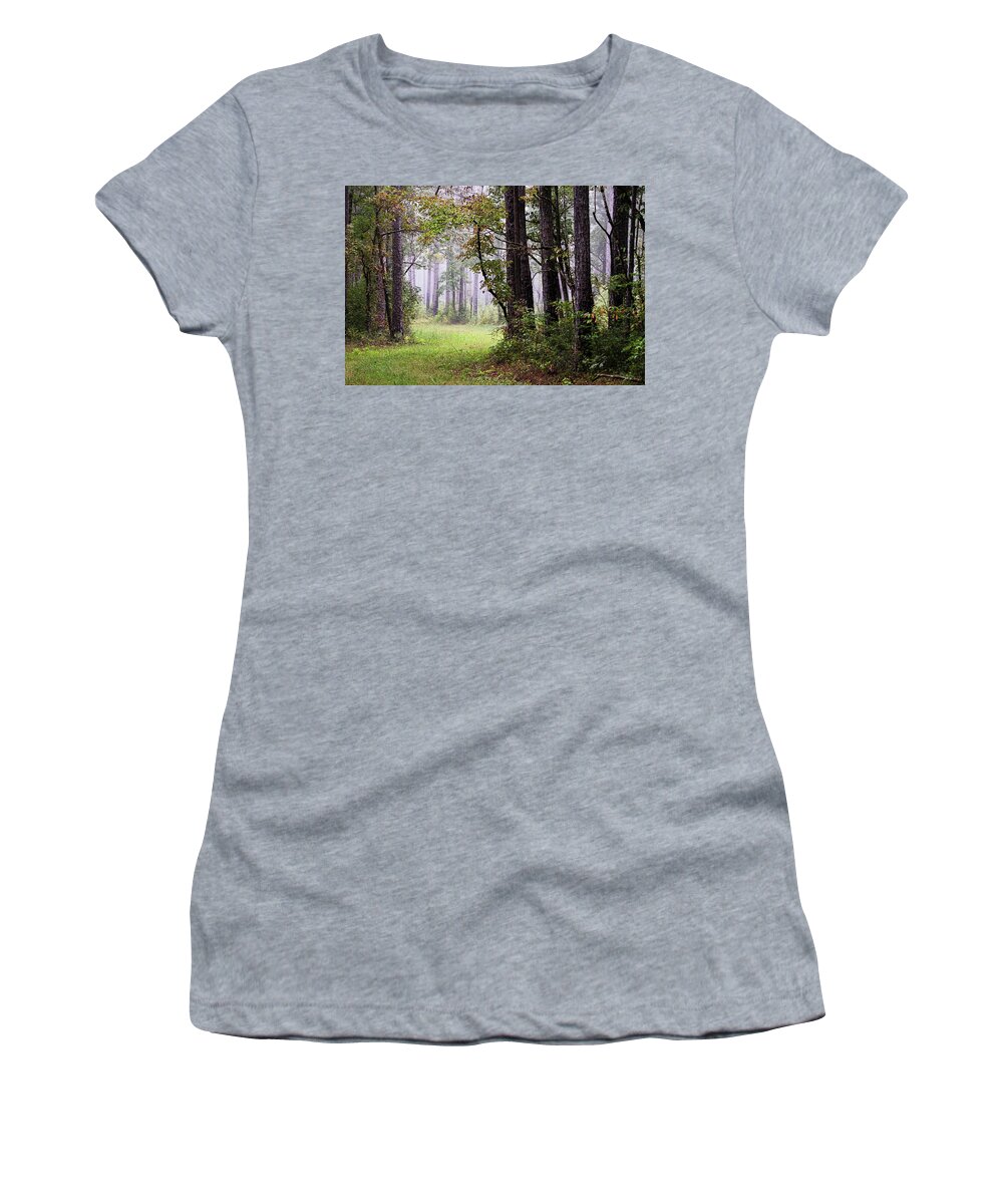 Forest Women's T-Shirt featuring the photograph Foggy Autumn Morning in the Croatan National Forest by Bob Decker