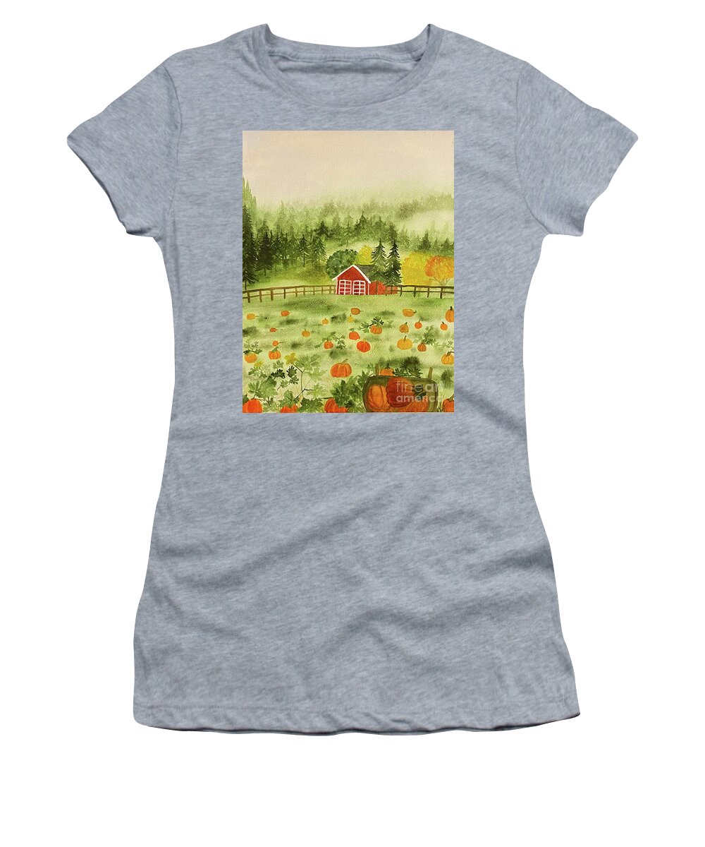 Fall Women's T-Shirt featuring the painting Foggy Farm by Lisa Neuman