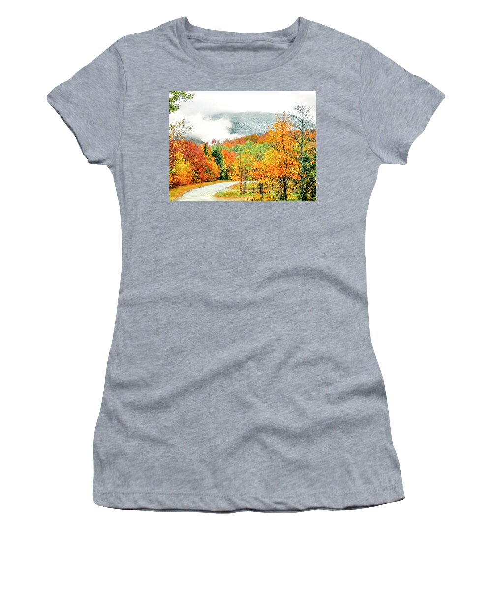 Asphalt Women's T-Shirt featuring the photograph Foggy NH Fall Folliage by Penny Lisowski