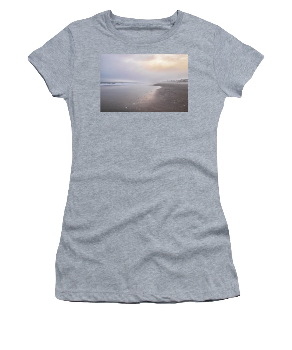 Emerald Isle Women's T-Shirt featuring the photograph Foggy Sunset at Emerald Isle North Carolina by Bob Decker