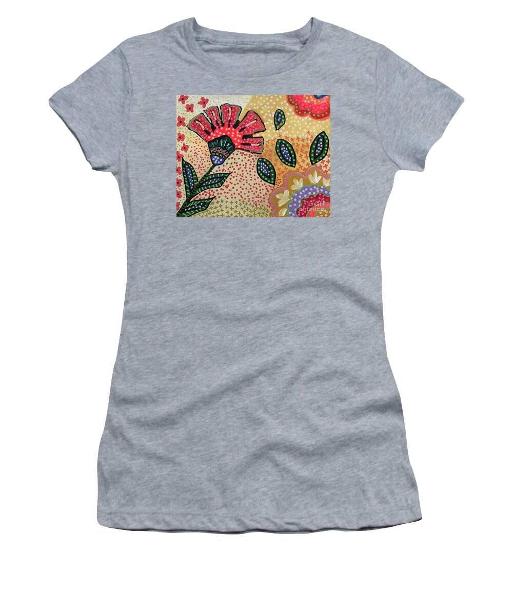 Acrylics On Linen Canvas Board Women's T-Shirt featuring the painting Folk Art Flowers #2 by Theresa Honeycheck