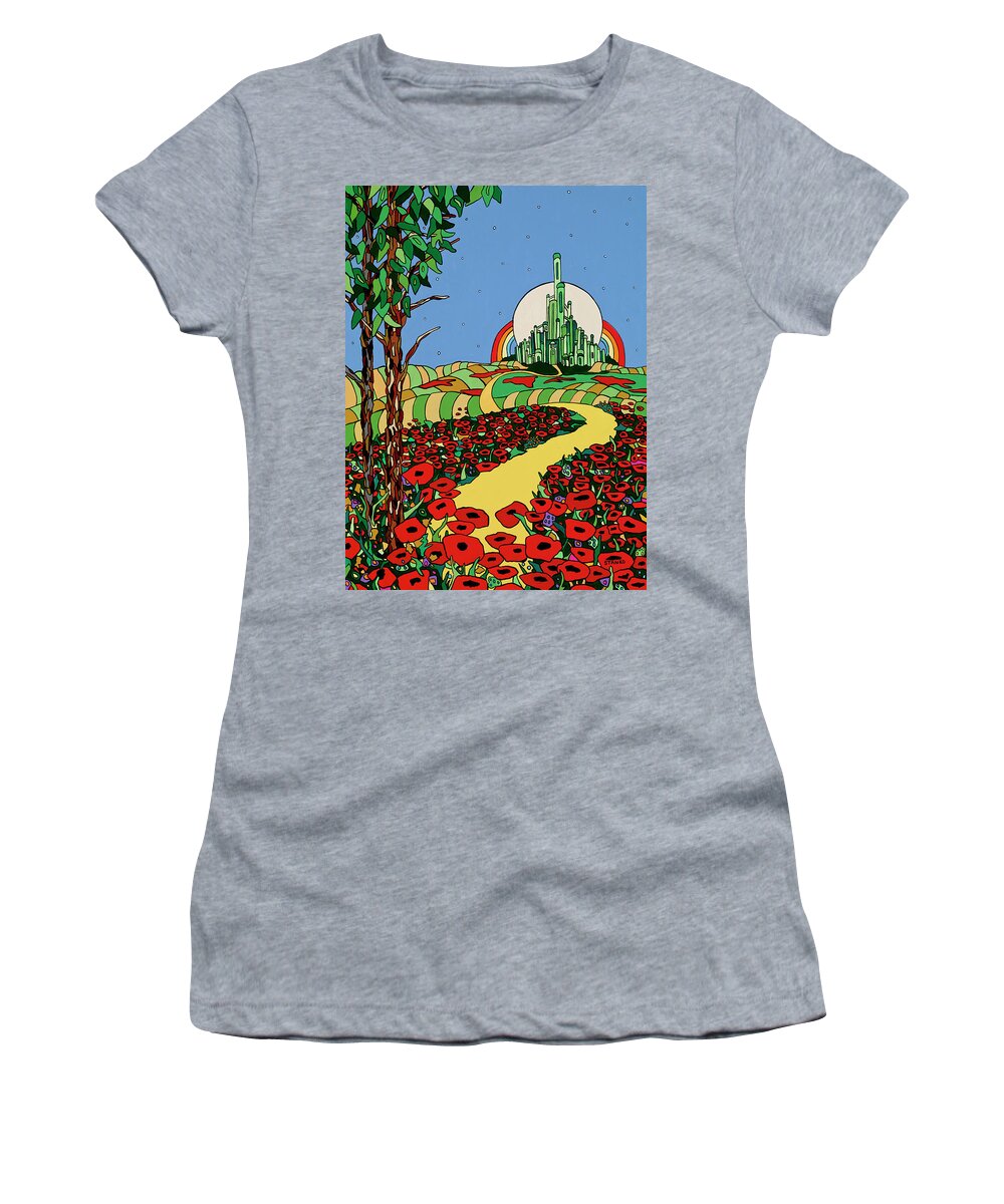 Wizard Of Oz Dorothy Toto Red Slippers Scarecrow Cowardly Lion Tin Man Wicked Witch Women's T-Shirt featuring the painting Follow the Yellow Brick Road by Mike Stanko