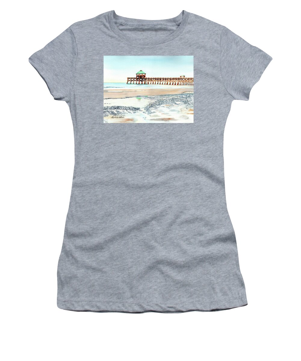 Folly Beach Women's T-Shirt featuring the painting Folly Beach Pier, Folly Beach, South Carolina, Beach, by LeAnne Sowa