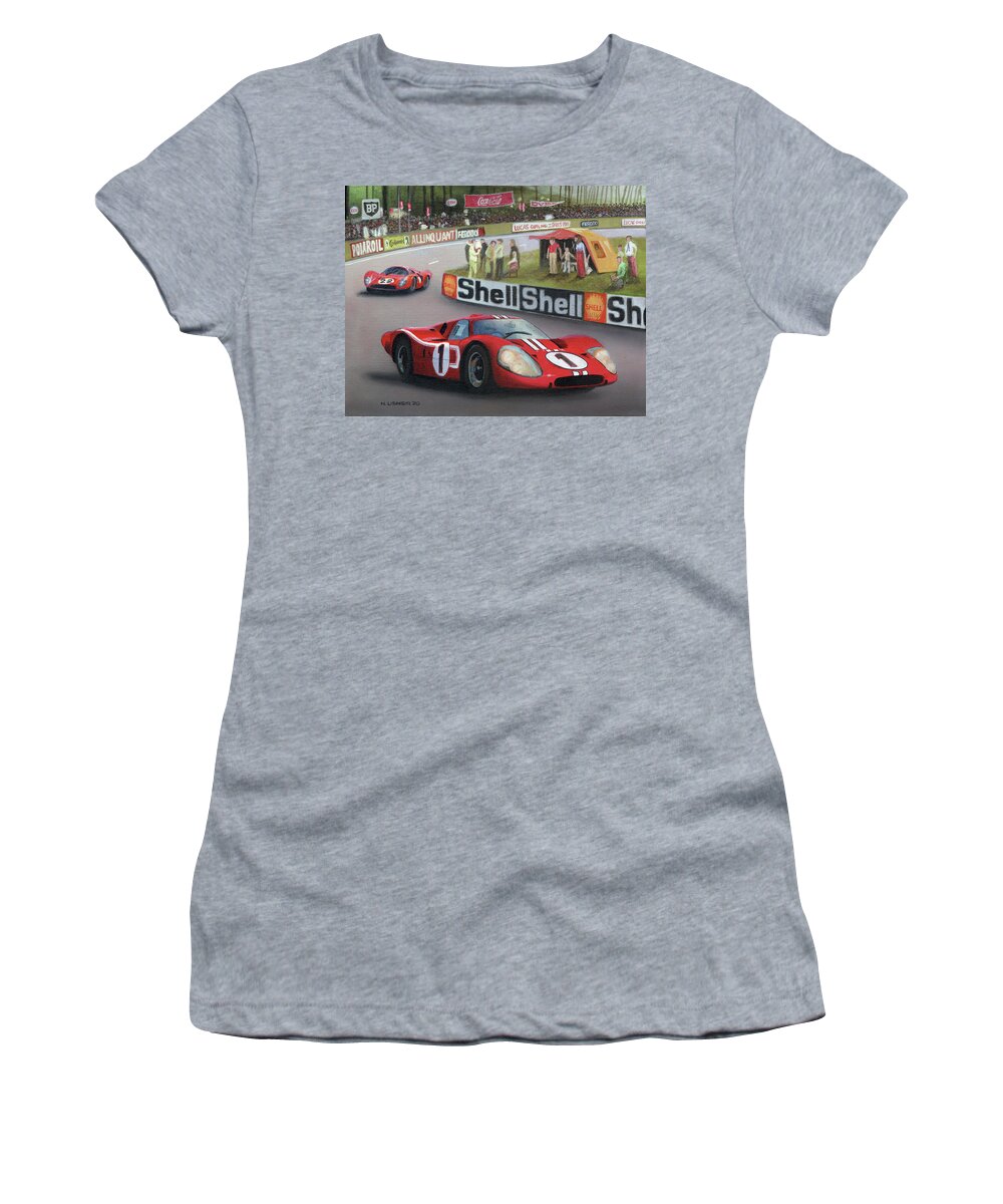 Ford Women's T-Shirt featuring the painting Ford Vs Ferrari by Norb Lisinski