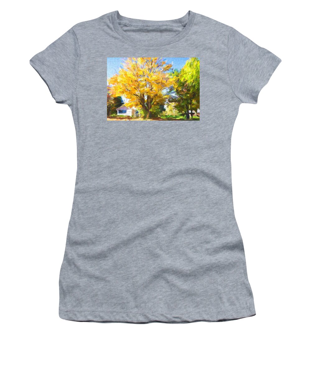 Autumn Women's T-Shirt featuring the mixed media Forester Village Michigan in autumn by Tatiana Travelways