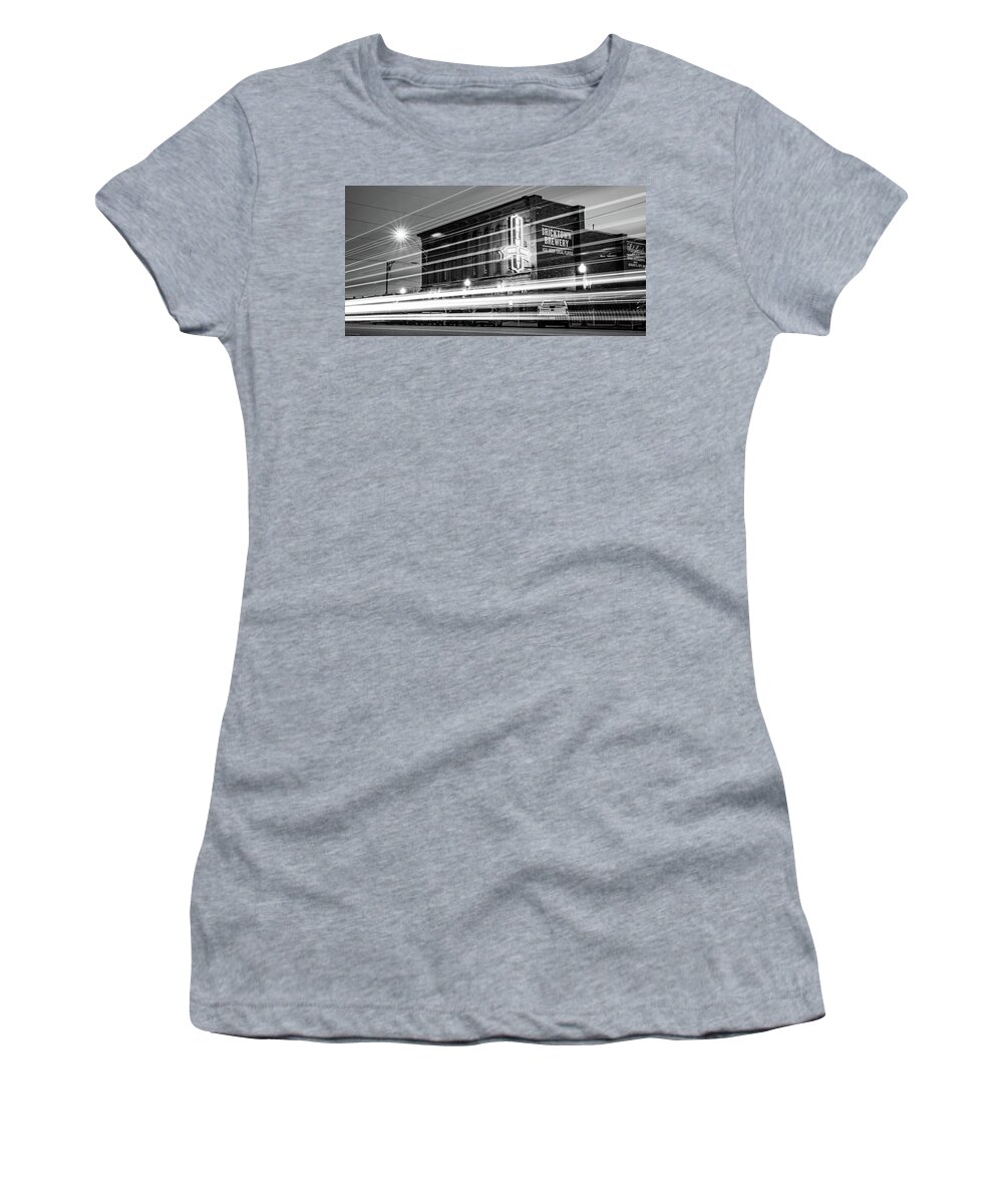 Fort Smith Women's T-Shirt featuring the photograph Fort Smith Light Trails And Brewery Neon - Monochrome Panorama by Gregory Ballos