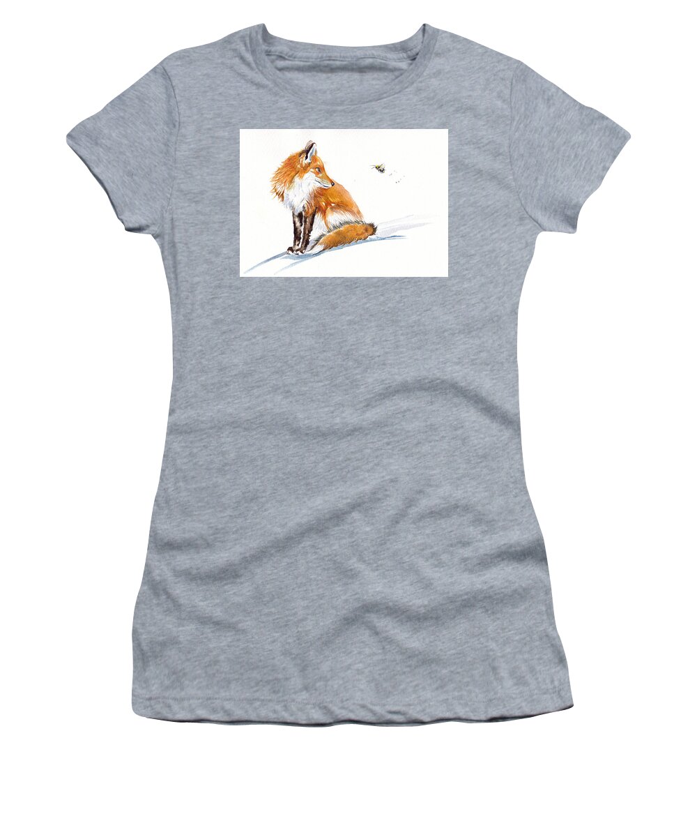 Fox Women's T-Shirt featuring the painting Fox - Bee-side You by Debra Hall