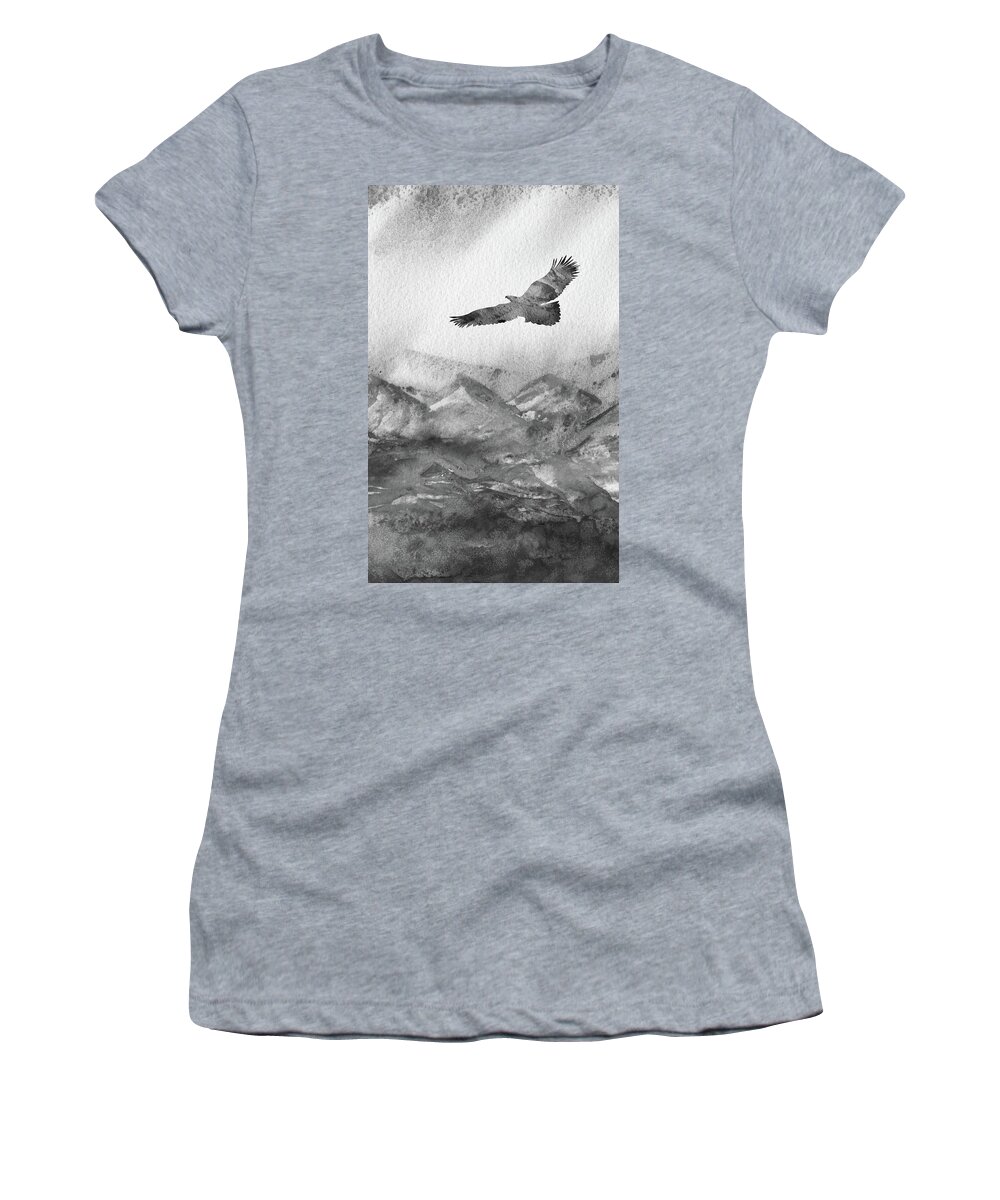 Eagle Hawk Bird Women's T-Shirt featuring the painting Free Flight Watercolor Silhouette Eagle Black White Gray by Irina Sztukowski